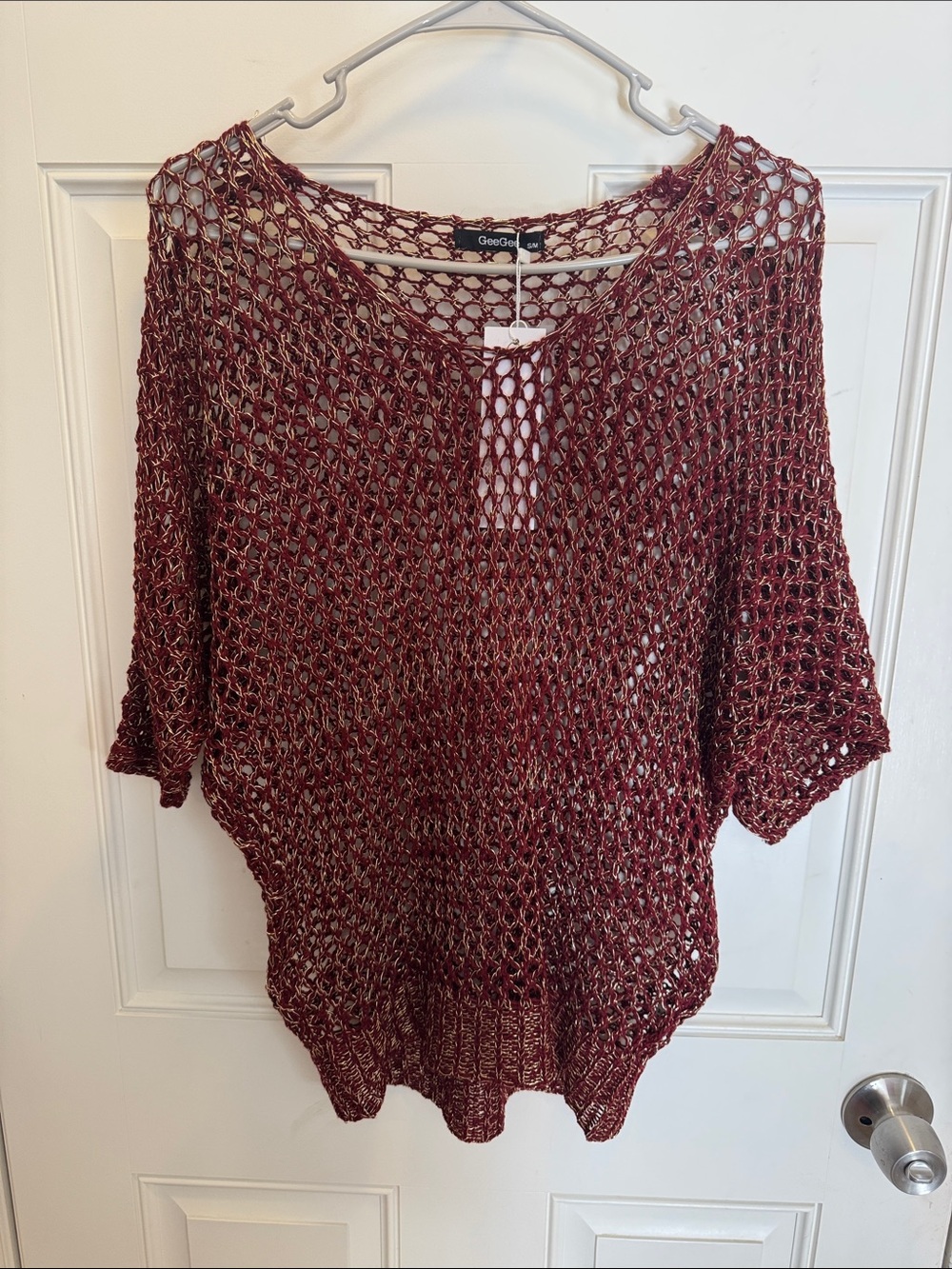 GeeGee Knit Open-Stitch Short Sleeve Top - Burgundy